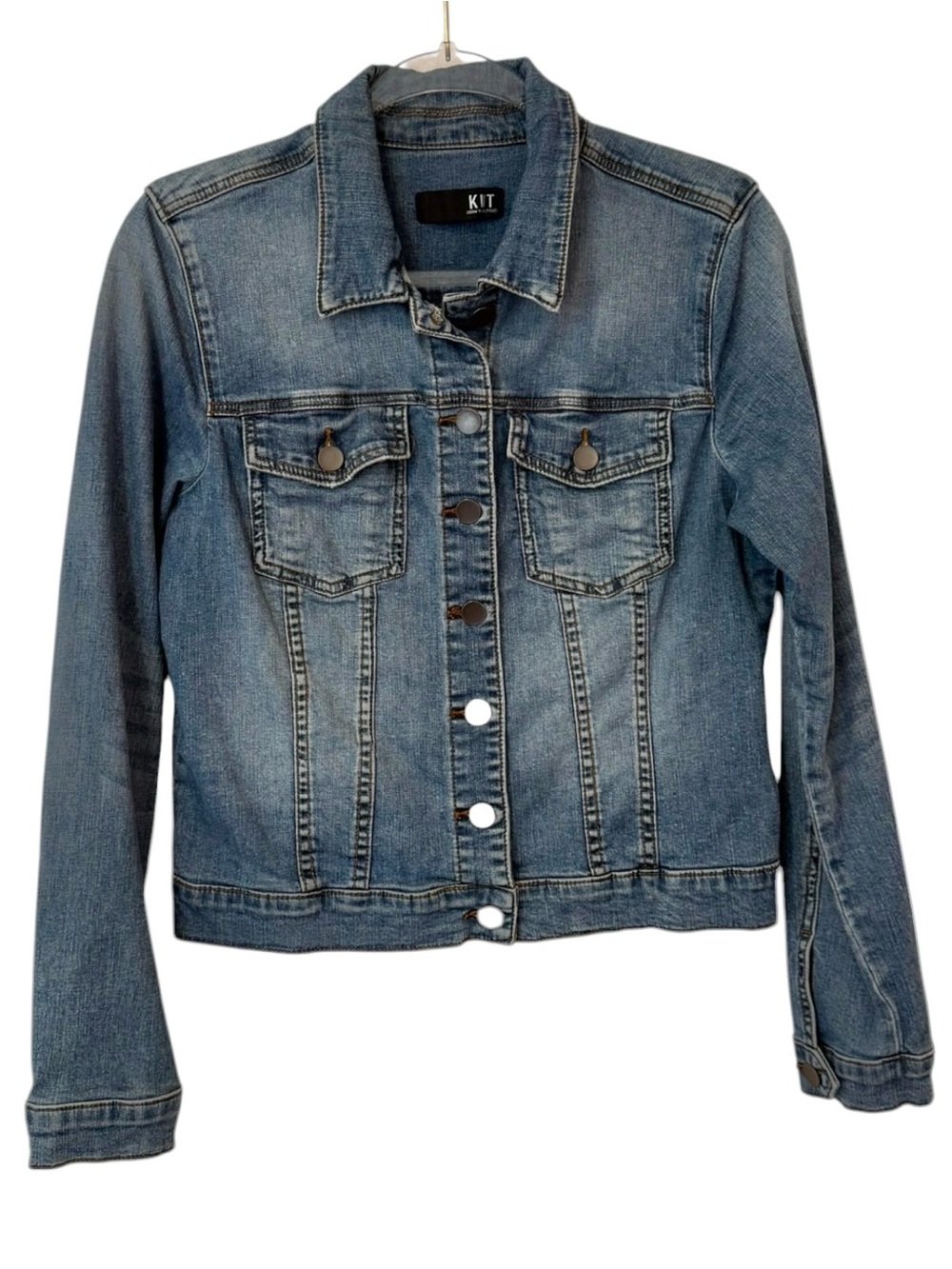 Kut from the Kloth Helena Denim Jacket Medium Wash Stretch Button Front Large